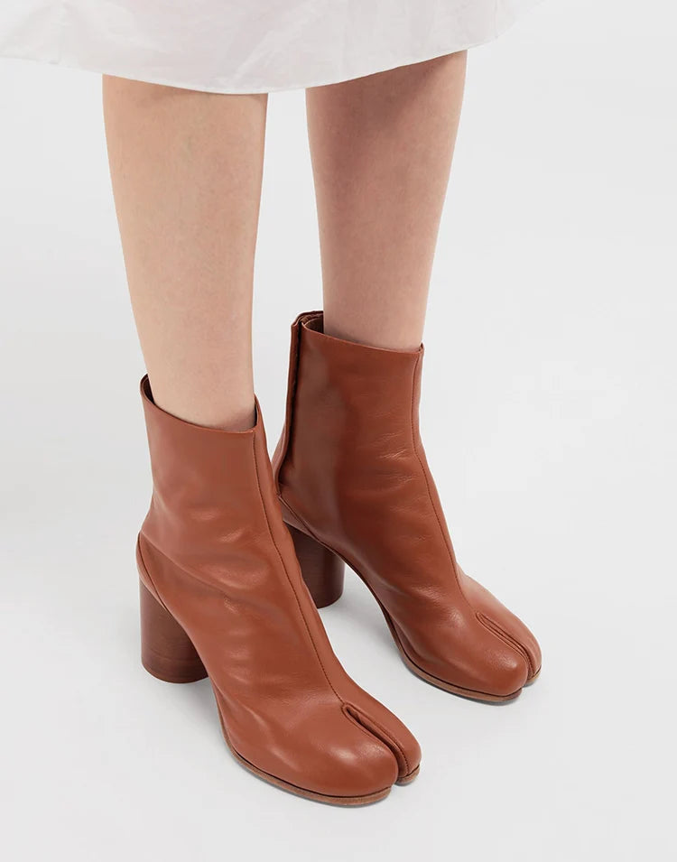 New Genuine Leather Tabi Ankle Boots Women Chunky Round Heels Shoes Woman High Heels Split Toe Tabi Boots Women Botas De Mujer