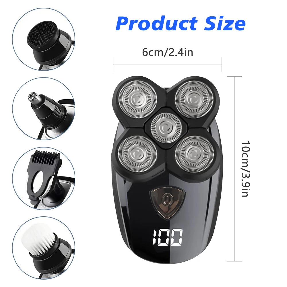5D Floating Head Shaver for Bald Men, 5 in 1 Multifunctional Electric Shaver IPX7 Washable USB Recharge Beard Nose Trimmer Grooming Set with LED Digital Display