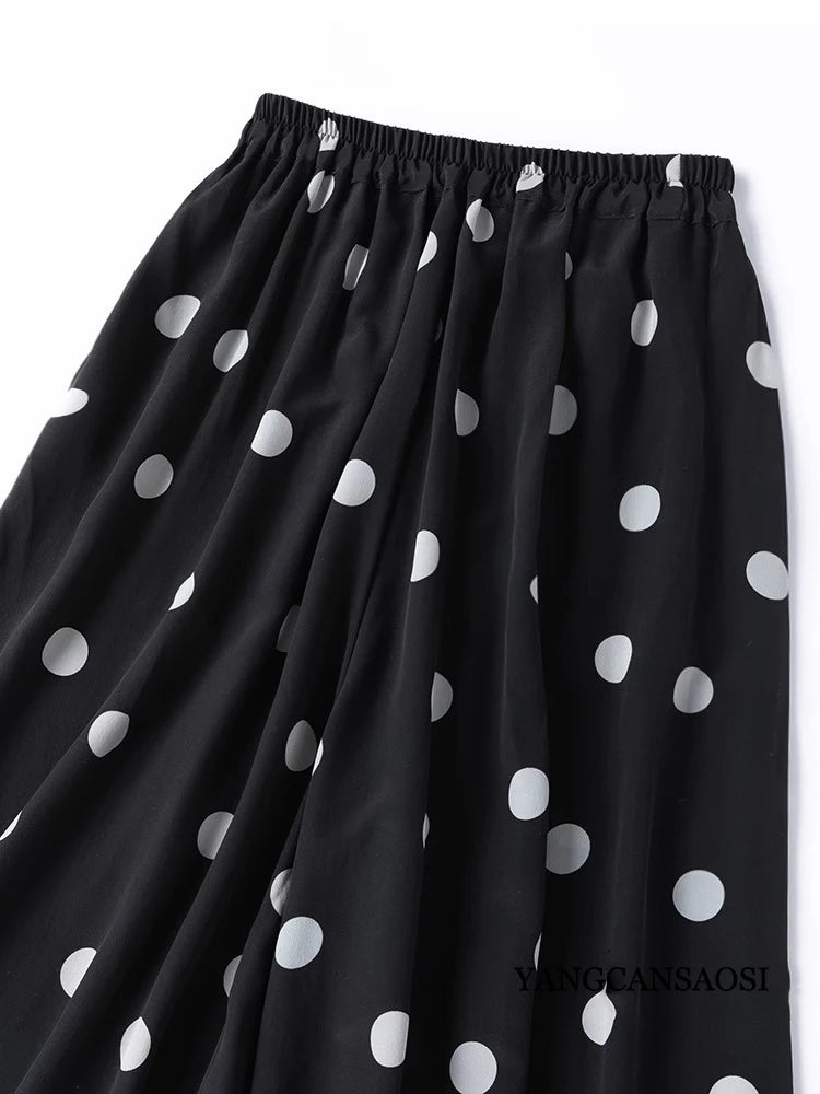 Modern Large Polka Dot 100% Natural Mulberry Silk Crepe De Chine Elastic Waist Women's Fashionable Cropped Lantern Pants