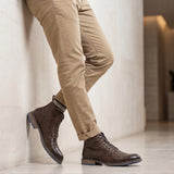 Men's Vintage Combat Boots Lace-Up Cap Toe Ankle Booties with Pull Tab Non-Slip Sole