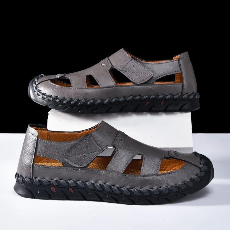Outdoor Summer Man Sandals Stylish Leather Mens Beach Shoes Outdoor Men  Roman Flats Hollow Out Sandalias New Wading Aqua Shoes