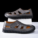 Outdoor Summer Man Sandals Stylish Leather Mens Beach Shoes Outdoor Men  Roman Flats Hollow Out Sandalias New Wading Aqua Shoes