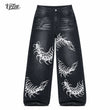 UP.THE Men Black Faded Baggy Wide Leg Jeans, Y2K Oversized Loose White Centipede Skeleton Print Denim Pants, Gothic Grunge Streetwear Trousers for Daily Outfits