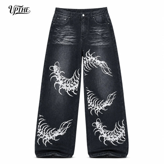 UP.THE Men Black Faded Baggy Wide Leg Jeans, Y2K Oversized Loose White Centipede Skeleton Print Denim Pants, Gothic Grunge Streetwear Trousers for Daily Outfits