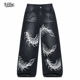 UP.THE Men Black Faded Baggy Wide Leg Jeans, Y2K Oversized Loose White Centipede Skeleton Print Denim Pants, Gothic Grunge Streetwear Trousers for Daily Outfits