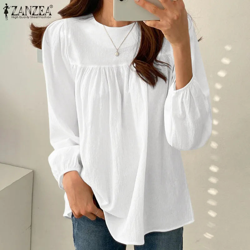 ZANZEA Elegant Solid Blouse Women Long Sleeve O Neck OL Work Shirt Spring Autumn Fashion Tunic Tops Blusas Female Loose Chemise