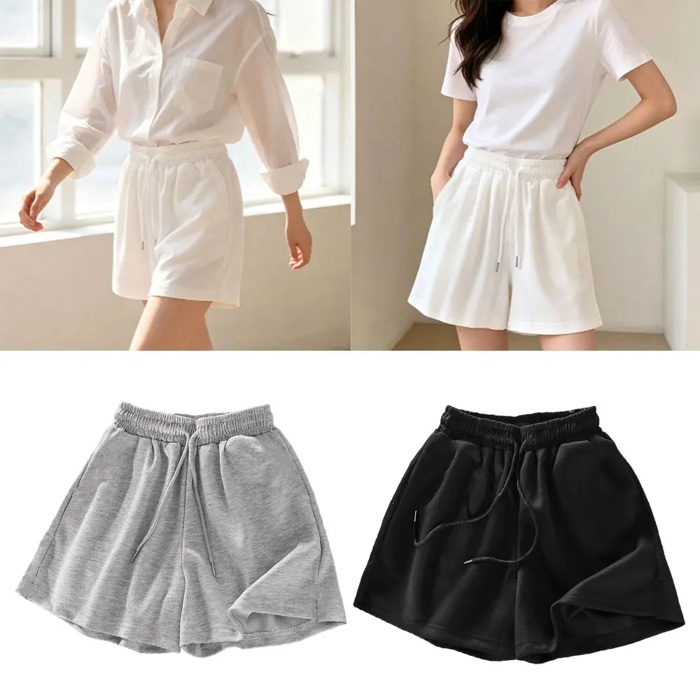 Womens Casual Shorts Korean Style Basic Summer Loose High Waist Drawstring Lounge Shorts Wide Leg Sports Shorts Home Sleepwear