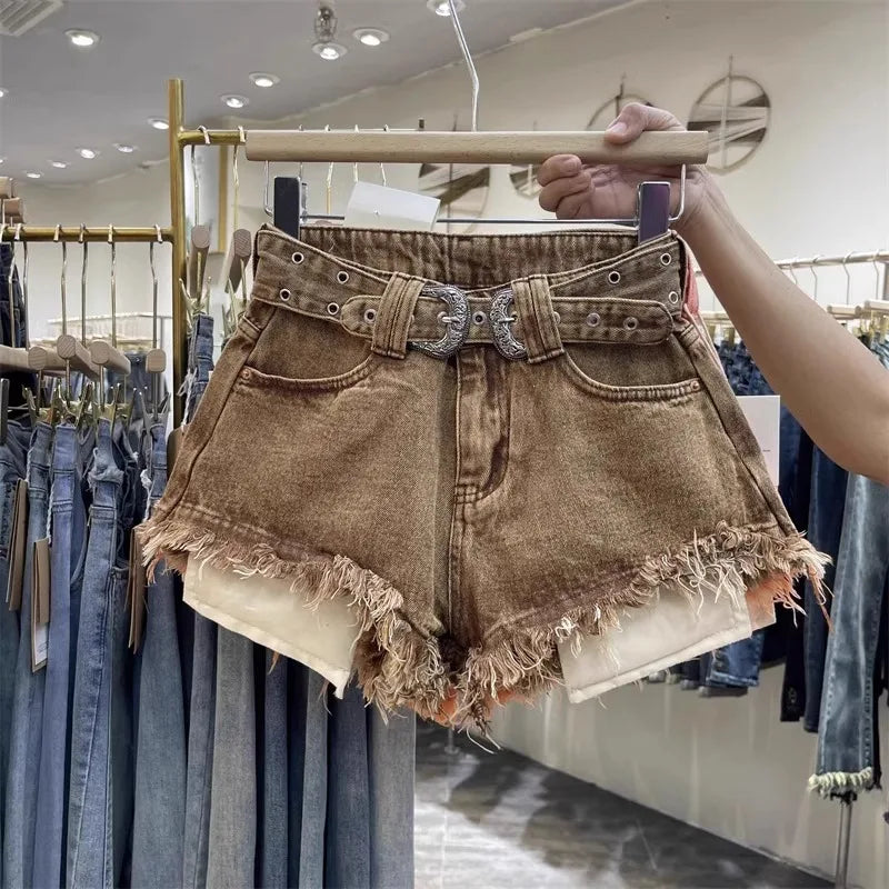 Rough Edge Sexy Denim Shorts 2026 Summer New Brown High Waist Hot Pants Jeans