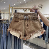 Rough Edge Sexy Denim Shorts 2026 Summer New Brown High Waist Hot Pants Jeans
