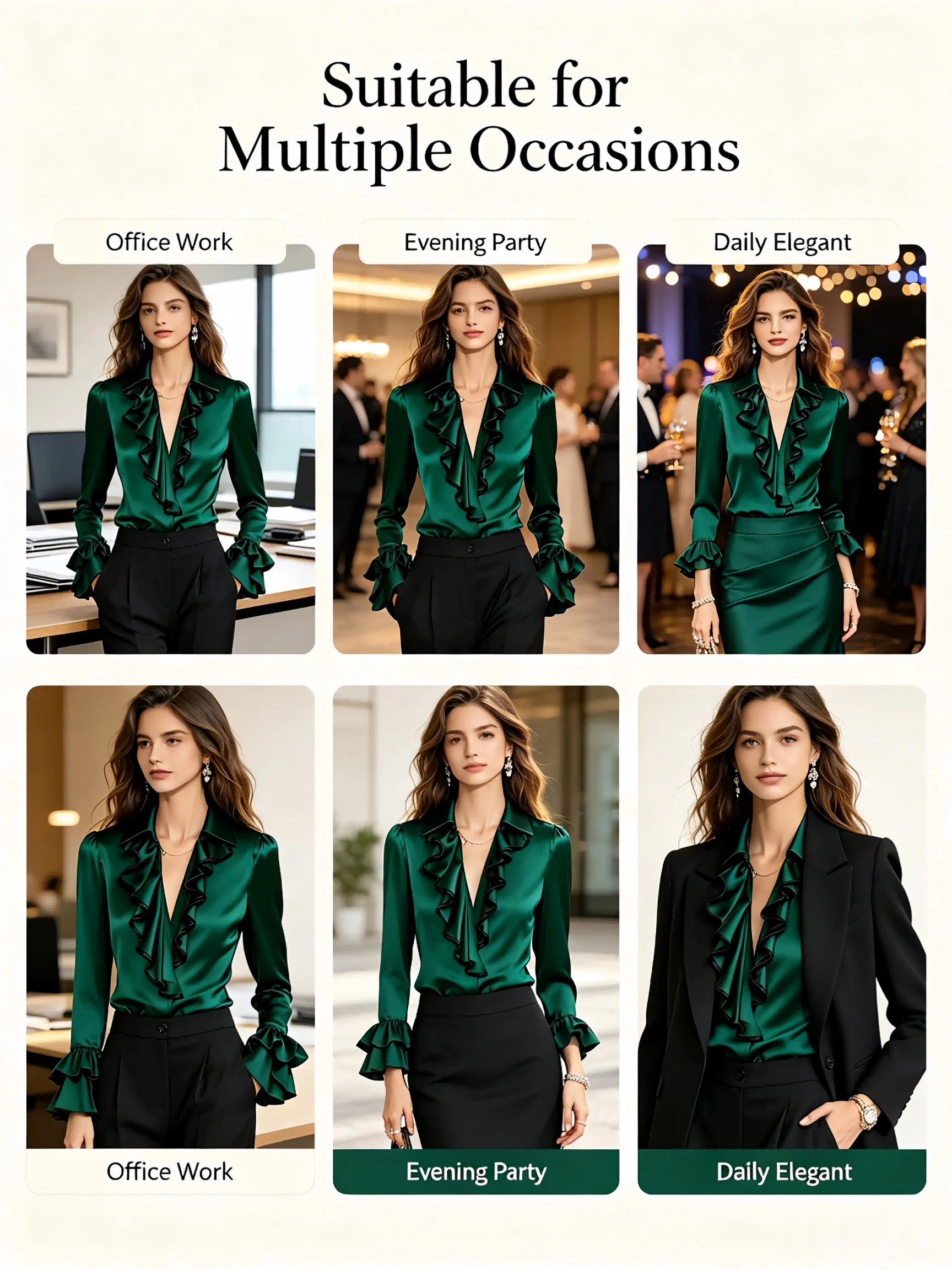 Elegant Satin Blouse for Women Lapel Ruffle Trim V‑Neck Long Flare Sleeve Office Work Shirt