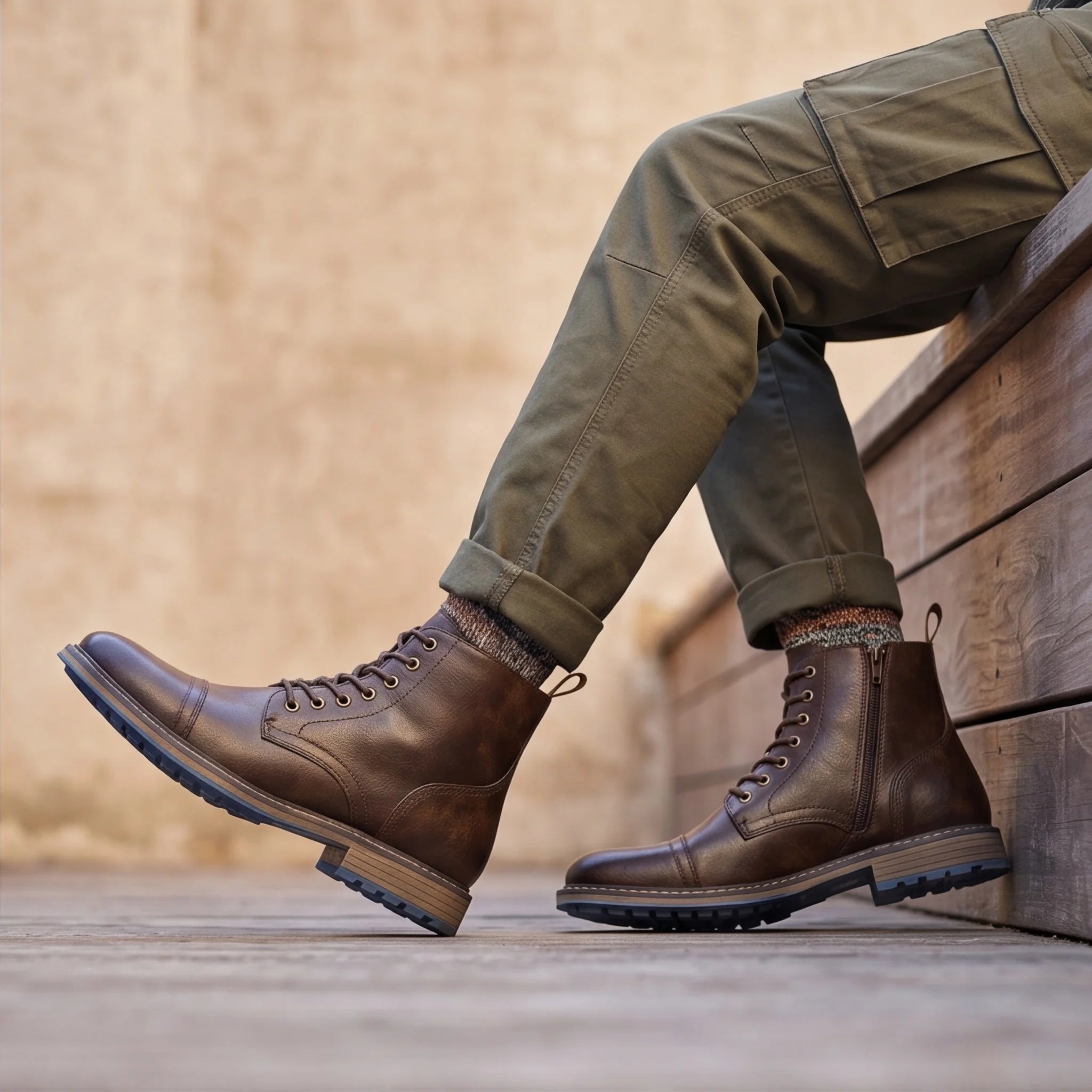 Men's Vintage Combat Boots Lace-Up Cap Toe Ankle Booties with Pull Tab Non-Slip Sole
