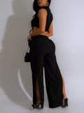 2-Piece Black High Neck Midriff Tank Smocked Waist Side Slit Wide Leg Pants Spice Girl Style Women Summer Date Wear
