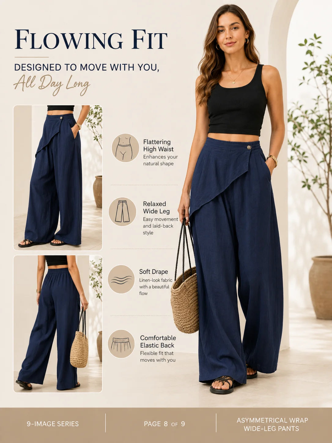 Women Wrap Front Linen Wide Leg Pants, High Waist Elastic Back Waist Culottes with Pockets, Casual Loose Fit Trousers for Summer Beach Daily Streetwear