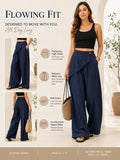 Women Wrap Front Linen Wide Leg Pants, High Waist Elastic Back Waist Culottes with Pockets, Casual Loose Fit Trousers for Summer Beach Daily Streetwear