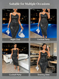 Women Sparkly Strap One Shoulder Midi Bodycon Dress Sleeveless Ruched Evening Party Dress Black Club Night Out Dresses