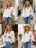 V Neck Bell Sleeve Blouses for Women Loose Fit Babydoll Tunic Tops Single Button Pleated Flowy Shirts Casual Daily Office Going‑Out Tunic