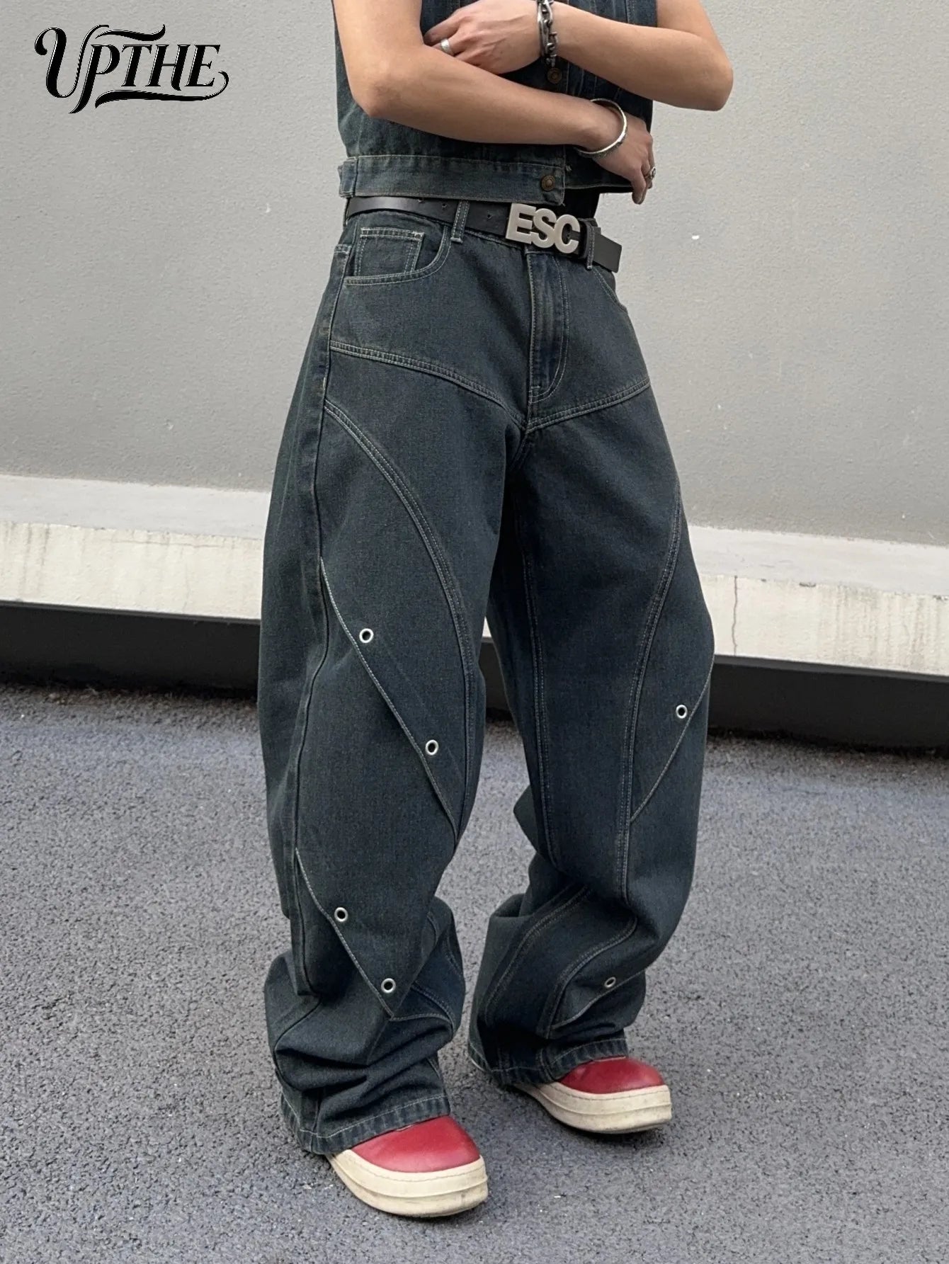 UP.THE Men Dark Raw Denim Baggy Wide Leg Jeans, Y2K Oversized Loose Curved Spliced Eyelet Denim Pants, Industrial Streetwear Trousers for Daily Outfits