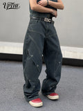 UP.THE Men Dark Raw Denim Baggy Wide Leg Jeans, Y2K Oversized Loose Curved Spliced Eyelet Denim Pants, Industrial Streetwear Trousers for Daily Outfits
