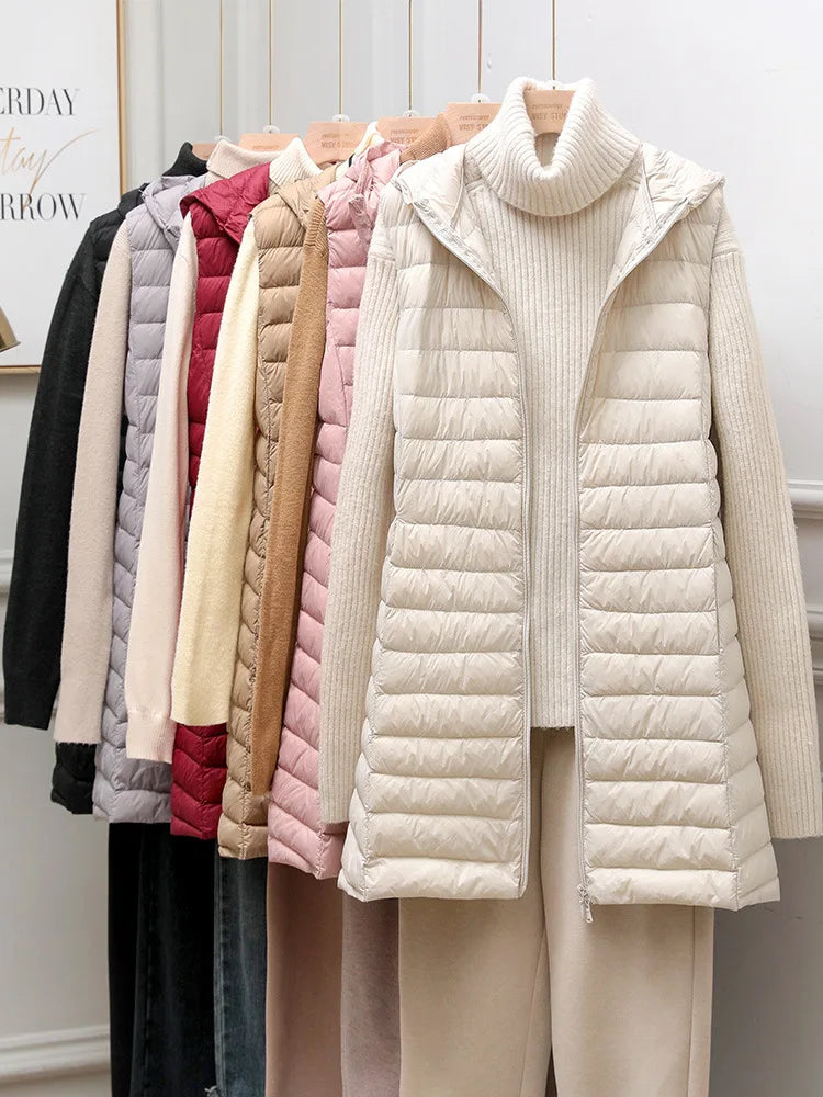 NewBang Women Sleeveless Long Waistcoat Autumn Winter Ultra Light Down Vest With Hooded Female Portable Duck Down Coat