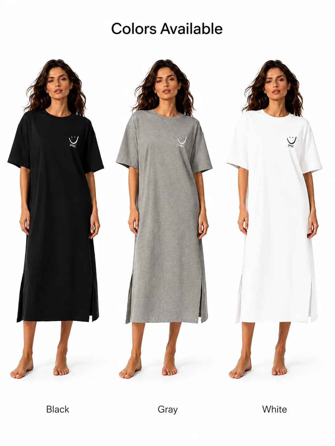 Smiley Letter Print Side Split Loose Oversized Women T‑Shirt Maxi Dress, Crew Neck Short Sleeve Casual Long Tee Dress, Soft Loungewear Nightgown, Streetwear Sundress for Daily Home Party Vacation Travel Shopping Casual Occa
