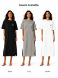 Smiley Letter Print Side Split Loose Oversized Women T‑Shirt Maxi Dress, Crew Neck Short Sleeve Casual Long Tee Dress, Soft Loungewear Nightgown, Streetwear Sundress for Daily Home Party Vacation Travel Shopping Casual Occa