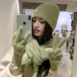 Solid Color Touch Screen Gloves Women Korean Autumn Winter Warm Knitted Three-piece Set Scarves Gloves Hat Women's Glove Sets