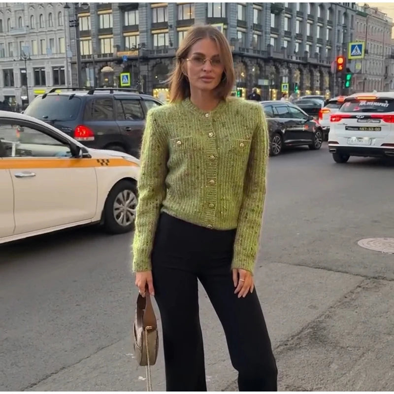 Chic Speckled Knit Cardigan Round Neck Shoulder Pads Long Sleeve Single Breasted Patch Pockets Daily Women Top 2026 Autumn Tops