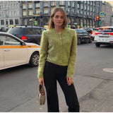 Chic Speckled Knit Cardigan Round Neck Shoulder Pads Long Sleeve Single Breasted Patch Pockets Daily Women Top 2026 Autumn Tops