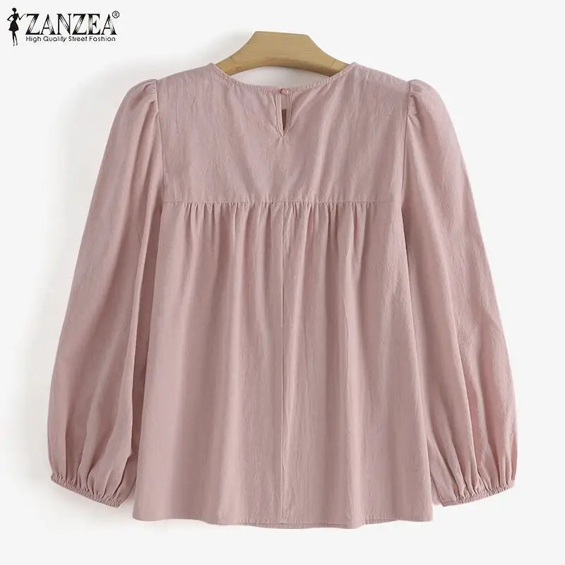 ZANZEA Elegant Solid Blouse Women Long Sleeve O Neck OL Work Shirt Spring Autumn Fashion Tunic Tops Blusas Female Loose Chemise