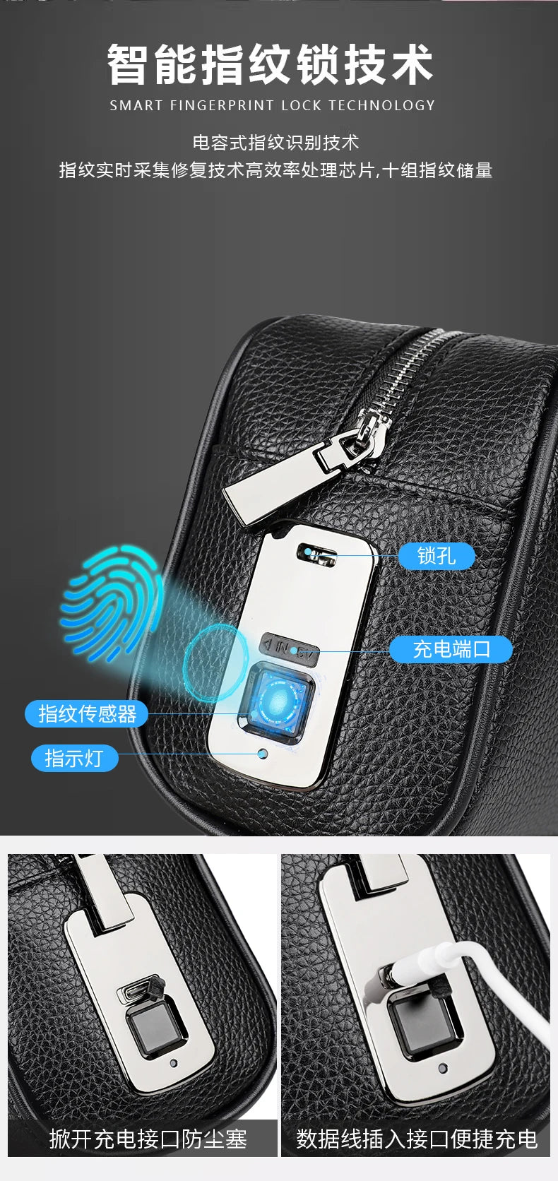 Male Long Money Wallets Mobile Phone Pouch Men Messenger Bag Anti-Theft Men's Fingerprint Lock Bags for Men Leather Hand Bag