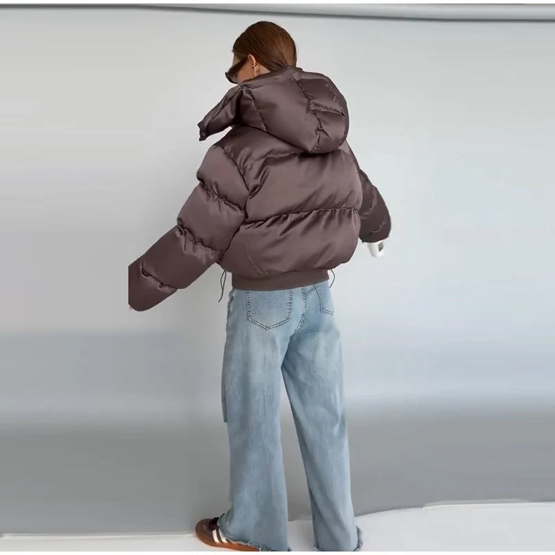 Winter Hooded Jacket Short Top Cropped Drawstring Waist Coat Woman Long Sleeve Warm Quilted Out Jackets Streetwear Lady Clothes