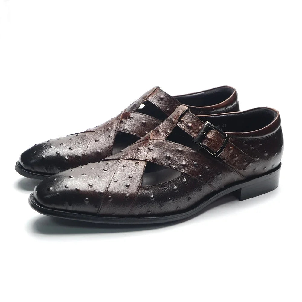 Rome Style Men's Sandals Genuine Cow Leather Summer Buckle Strap Hollow Out Casual Business Wedding Dress Shoes Men Open Shoes