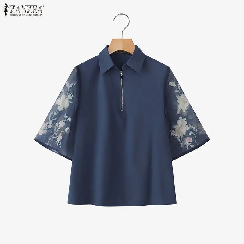 ZANZEA Summer 2026 Women's Elegant Blouses Turn-Down Collar Half-Zip Floral Print 3/4 Sleeves Patchwork Shirts Woman Clothes 3XL