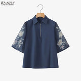 ZANZEA Summer 2026 Women's Elegant Blouses Turn-Down Collar Half-Zip Floral Print 3/4 Sleeves Patchwork Shirts Woman Clothes 3XL