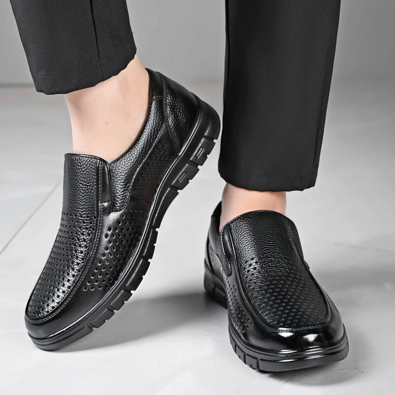Men's Genuine Leather Sandals Men Summer Hollow Breathable Leather Shoes Mens Casual Soft Comfortable Flats EU Sizes 38-48