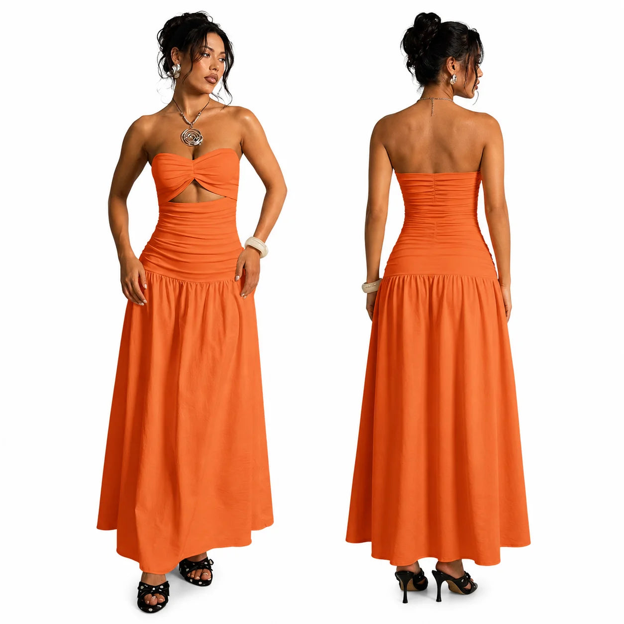 Women Strapless Twist Cutout Maxi Dress Ruched Waist Flowy A Line Long Tube Top Dress Summer Beach Vacation Casual Sundress