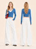 Women's White Wide Leg Jeans, High Waist Loose Baggy Denim Pants Casual Solid Color Full Length Palazzo Trousers with Pockets for Daily Street Shopping