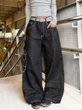 American Retro Heavy-Duty Letter Flower Embroidery Women's Loose Wide-Leg Jeans Street Fashion Fashion Versatile Black Trousers