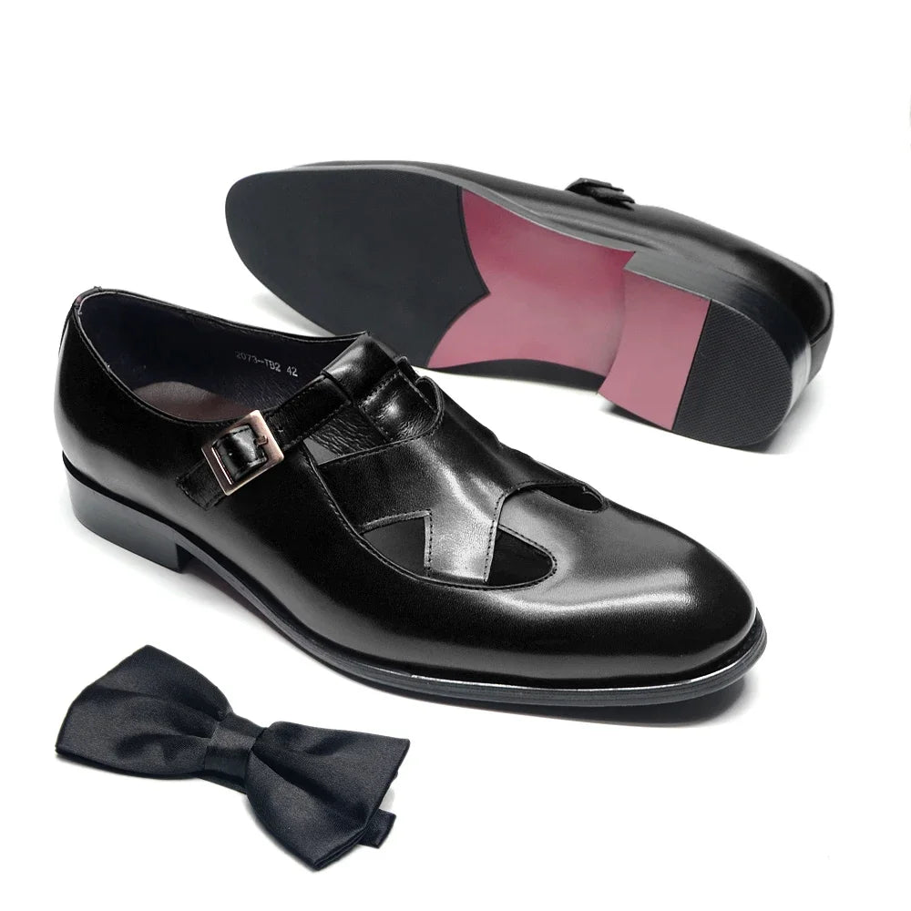 Genuine Leather Mens Classic Summer Dress Sandals Buckle Strap Black Brown Closed Toe Business Party Casual Formal Shoes for Men