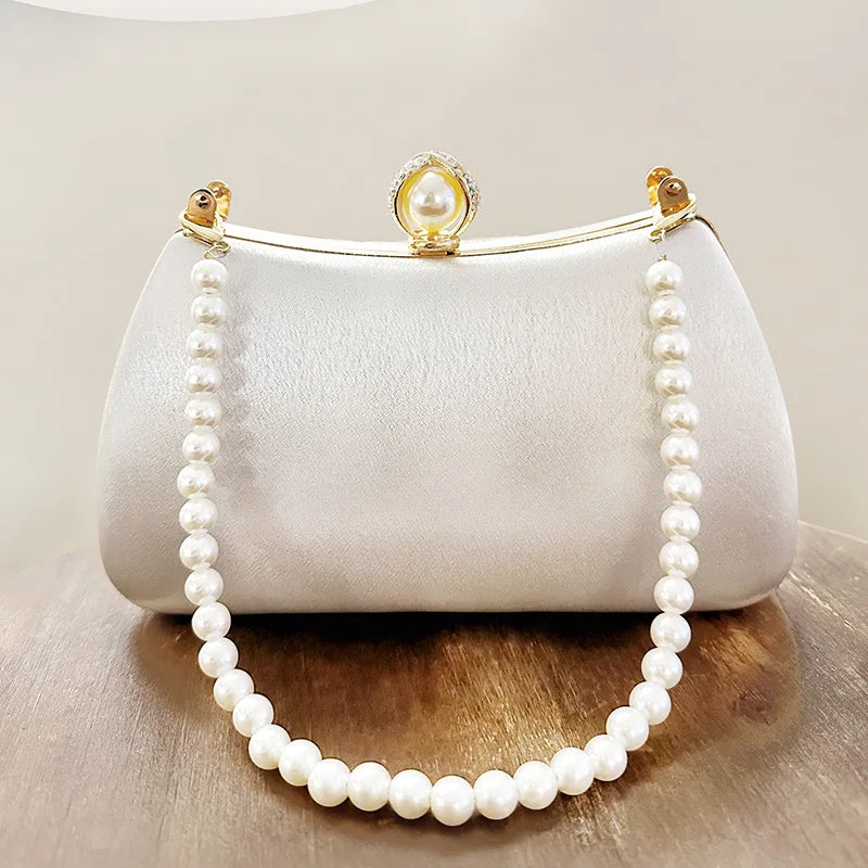 Fashion Pearl Chain Handbags Female White Embroidered Lace Flower Clutch Purse Crossbody Shoulder Party Wedding Prom Evening Bag