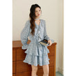 MISHOW Floral Dress for Women Cotton 2026 Spring Blue Luxury V-neck Ruffled Puff Sleeve Dress Party Midi Dress Woman MXE46L2517
