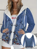 Plus size women's butterfly embroidery print hooded faux denim jacket; horn button patchwork sweatshirt with faux denim sleeves jacket