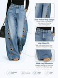 Women High Waist Wide Leg Jeans, Side Cutout Eyelet Rivet Denim Pants Loose Fit Hollow Out Flared Trousers Streetwear Fashion Baggy Jeans with Pockets