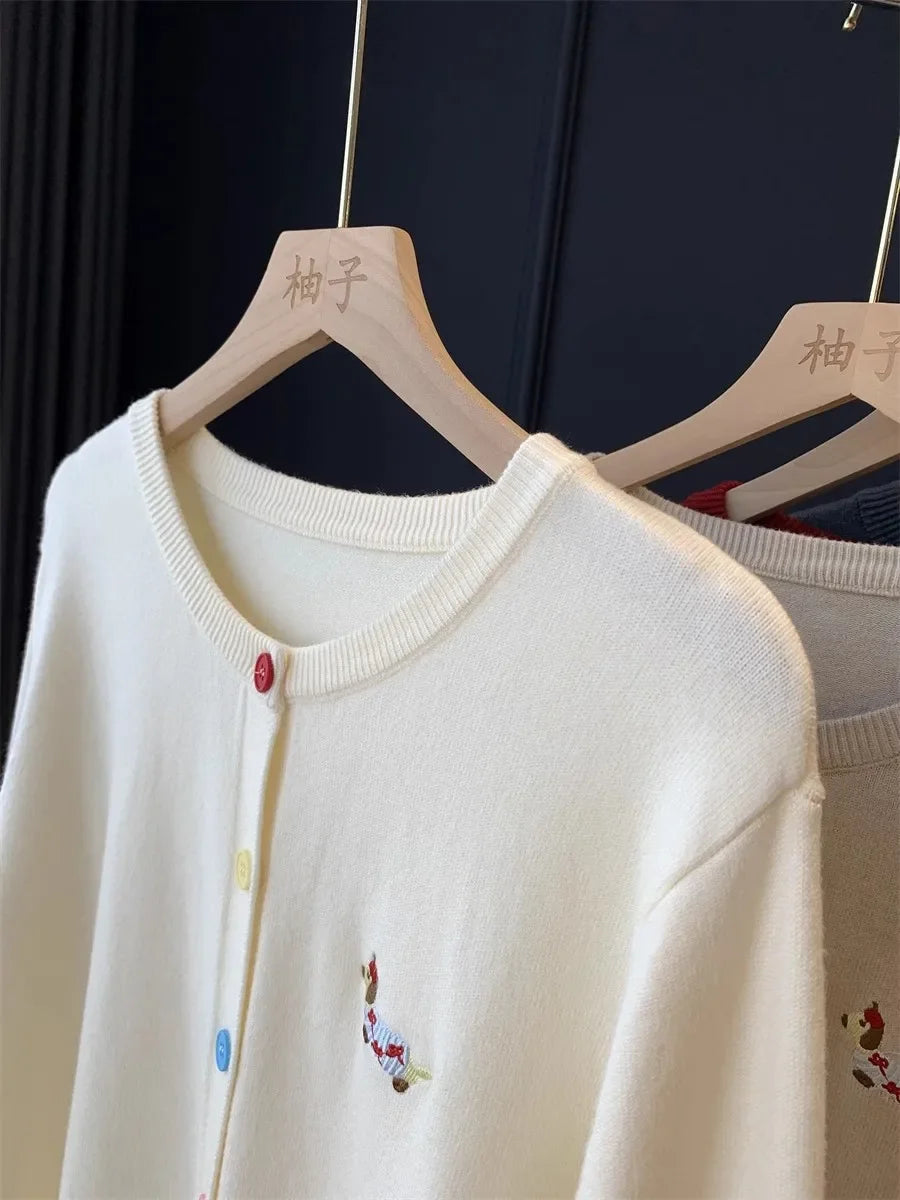 Autumn Winter 2026 Soft Elegant O-neck Loose Casual Sweaters Women Knitted Chic Embroidery Cardigan Basic Colorful Buttons Tops