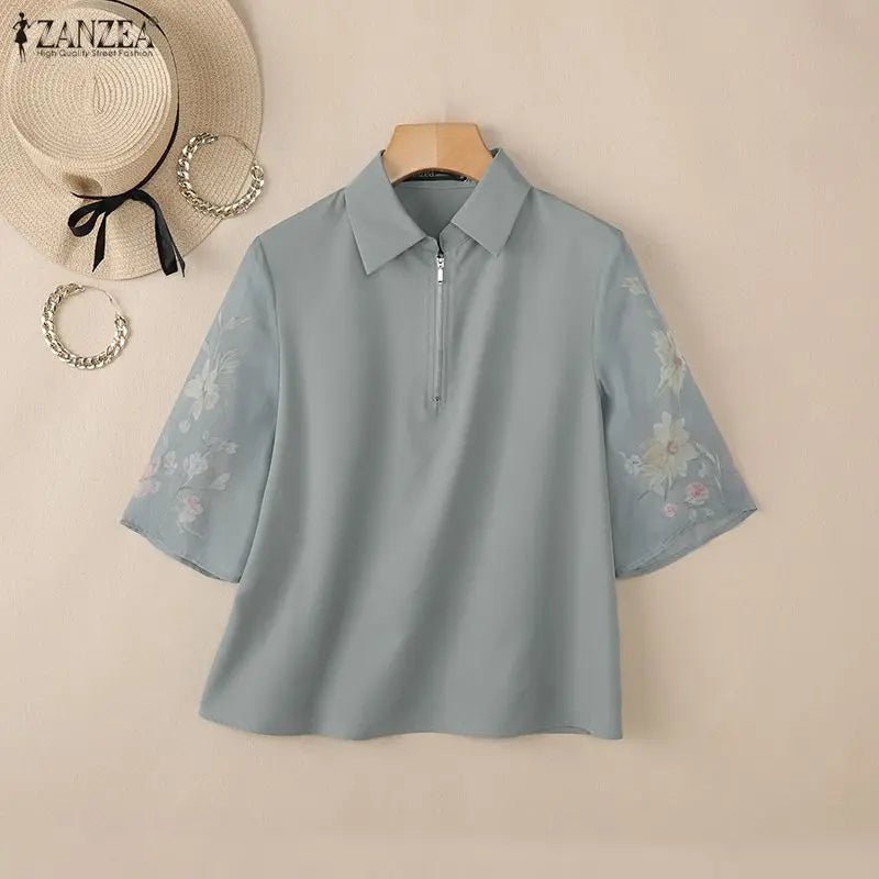 ZANZEA Summer 2026 Women's Elegant Blouses Turn-Down Collar Half-Zip Floral Print 3/4 Sleeves Patchwork Shirts Woman Clothes 3XL