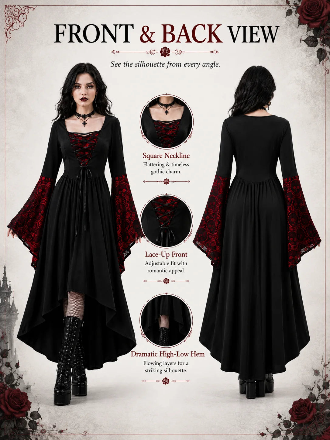 Women Gothic Medieval Dress Skull Lace Bell Long Sleeve Lace Up Front High Low Midi Dress Vintage Renaissance Witch Costume Halloween Cosplay Party Dress