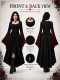 Women Gothic Medieval Dress Skull Lace Bell Long Sleeve Lace Up Front High Low Midi Dress Vintage Renaissance Witch Costume Halloween Cosplay Party Dress