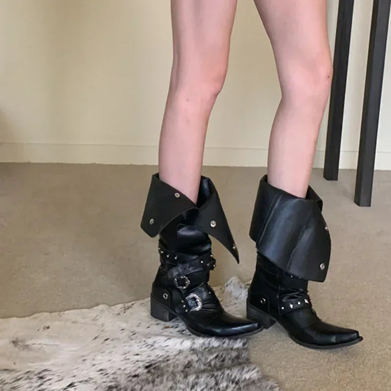 Woman Black Punk Knee High Platform Low Heel Trend Punk Gothic New Rock Leather Fashion Women Chunky Knight Motorcycle Footwear