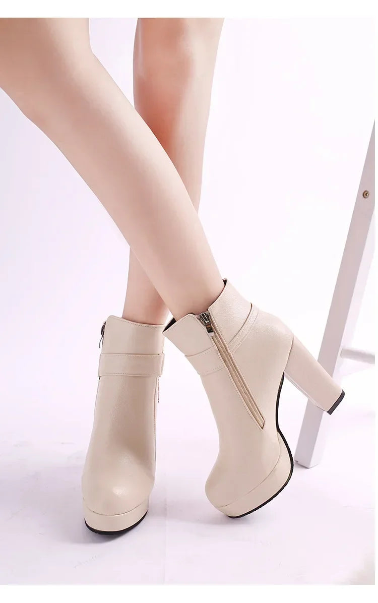 2024 Women Fashion Ankle Boots New Warm Velvet Chunky High Heels Shoes Snow Boots Comfort Soft Leather Cotton Shoes