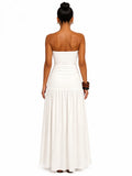 Women Strapless Twist Cutout Maxi Dress Ruched Waist Flowy A Line Long Tube Top Dress Summer Beach Vacation Casual Sundress